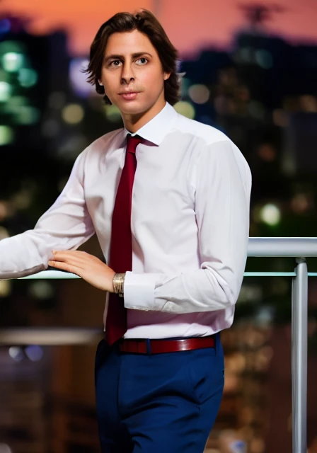portrait bndr, man, balcony, city at night, suit, white shirt