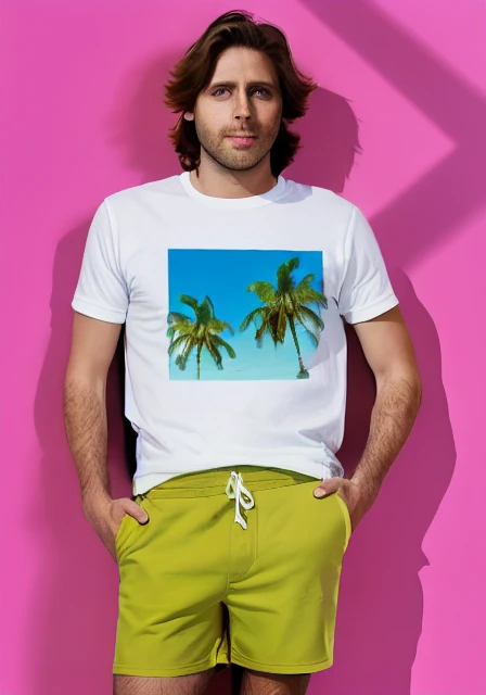 portrait bndr, man, poolside, palm tree, glamour, t-shirt, shorts