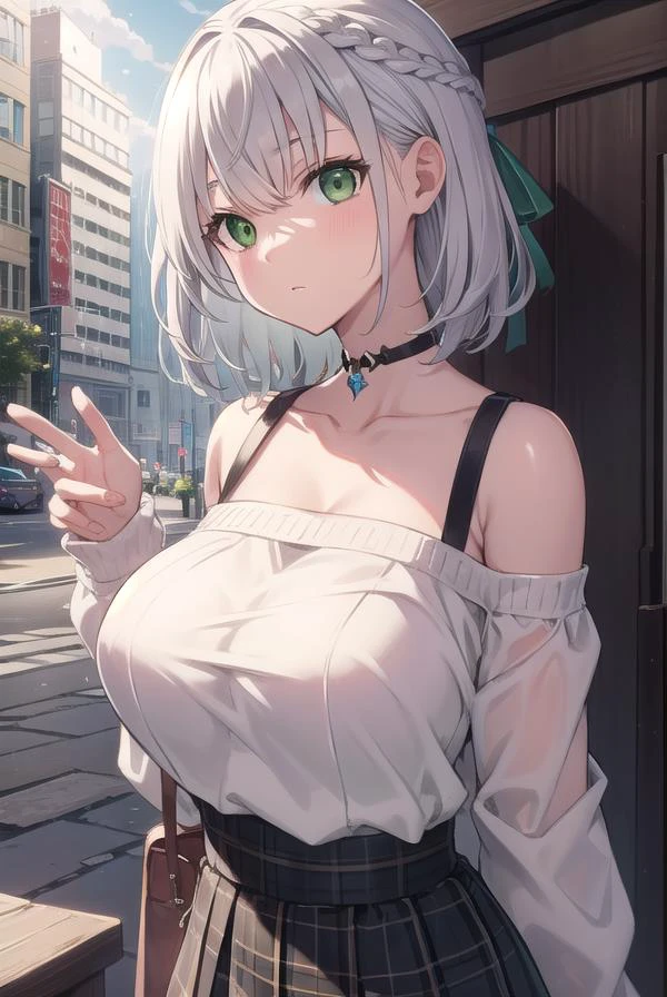 noelshirogane, <lora:noelshiroganetest:1>,
shirogane noel, braid, french braid, (green eyes:1.5), grey hair, hair ribbon, ribbon, short hair, snowflake choker, wavy hair, huge breasts,
BREAK casual, collarbone, high-waist skirt, official alternate costume, official alternate hairstyle, sweater,
BREAK looking at viewer,
BREAK outdoors, city,
BREAK <lora:GoodHands-vanilla:1>, (masterpiece:1.2), best quality, high resolution, unity 8k wallpaper, (illustration:0.8), (beautiful detailed eyes:1.6), extremely detailed face, perfect lighting, extremely detailed CG, (perfect hands, perfect anatomy),