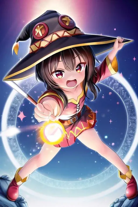 masterpiece, best quality, absurdres, ultra detail,<lora:GoodHands-vanilla:0.8> <lora:anmnr01:0.3> <lora:add_detail:0.5>,1girl,happy, close up,<lora:Megumin:0.8>,Megumin,Huihui,open mouth,witch hat ,staff,rocky place,sunshine,Magic Circle,flame effect,dynamic pose,dynamic angle
