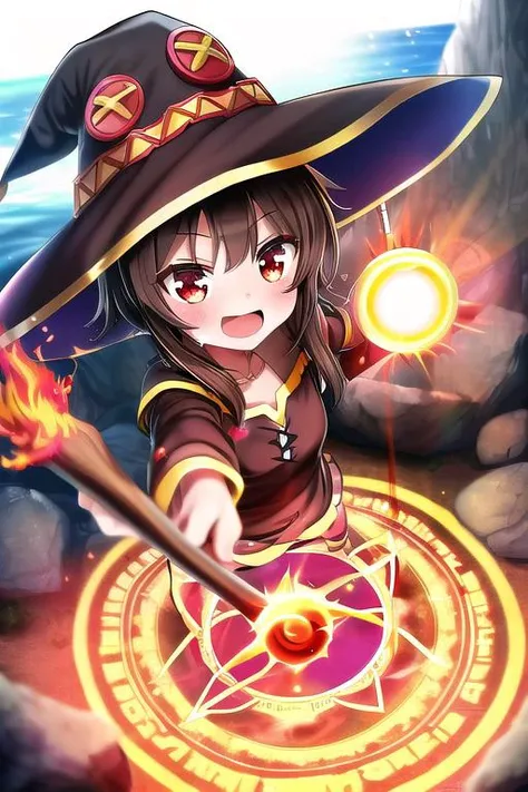 masterpiece, best quality, absurdres, ultra detail,<lora:GoodHands-vanilla:0.8> <lora:anmnr01:0.3> <lora:add_detail:0.5>,1girl,happy, close up,<lora:Megumin:0.8>,Megumin,Huihui,open mouth,witch hat ,staff,rocky place,sunshine,Magic Circle,flame effect,dynamic pose,dynamic angle