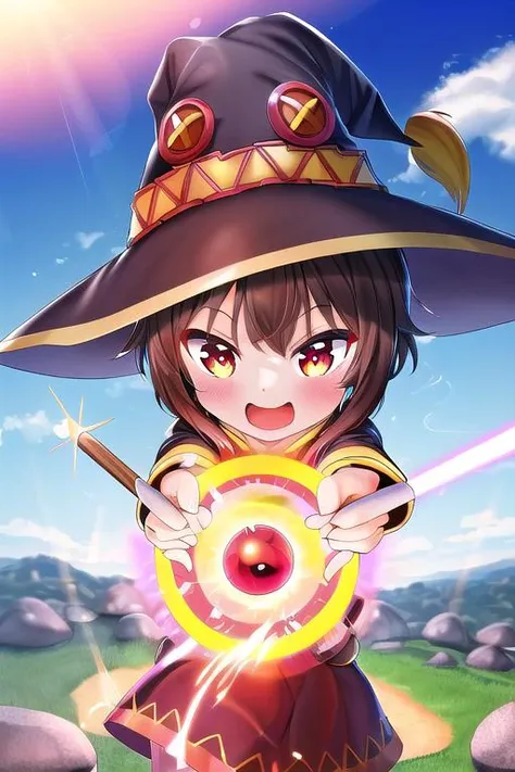 masterpiece, best quality, absurdres, ultra detail,<lora:GoodHands-vanilla:0.8> <lora:anmnr01:0.3> <lora:add_detail:0.5>,1girl,happy, close up,<lora:Megumin:0.8>,Megumin,Huihui,open mouth,witch hat ,staff,rocky place,sunshine,Magic Circle,flame effect,dynamic pose,dynamic angle