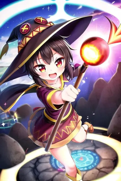 masterpiece, best quality, absurdres, ultra detail,<lora:GoodHands-vanilla:0.8> <lora:anmnr01:0.3> <lora:add_detail:0.5>,1girl,happy, close up,<lora:Megumin:0.8>,Megumin,Huihui,open mouth,witch hat ,staff,rocky place,sunshine,Magic Circle,flame effect,dynamic pose,dynamic angle