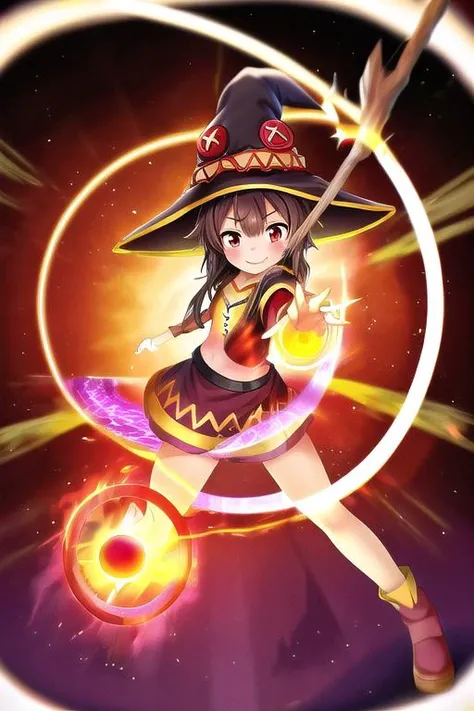 masterpiece, best quality, absurdres, ultra detail,<lora:GoodHands-vanilla:0.8> <lora:anmnr01:0.3> <lora:add_detail:0.5>,1girl,happy, close up,<lora:Megumin:0.8>,Megumin,Huihui,brown clothes,witch hat ,staff,rocky place,sunshine,Magic Circle,flame effect,dynamic pose,dynamic angle