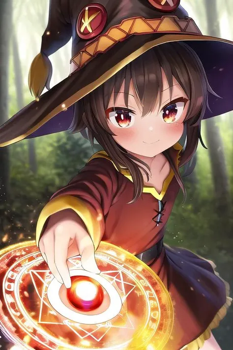 masterpiece, best quality, absurdres, ultra detail,<lora:GoodHands-vanilla:0.8> <lora:anmnr01:0.3> <lora:add_detail:0.5>,1girl,happy, close up,<lora:Megumin:0.8>,Megumin,Huihui,brown clothes,witch hat ,staff,forest,Magic Circle,flame effect,dynamic pose,dynamic angle