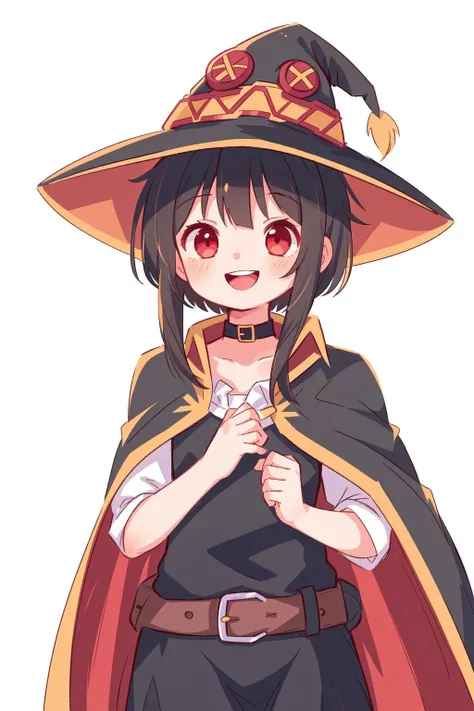 Huihui,<lora:Rabbit_Huihui:1>,
1girl, hat, megumin, solo, witch hat, red eyes, cape, black hair, short hair, short hair with long locks, smile, shaded face, choker, collar