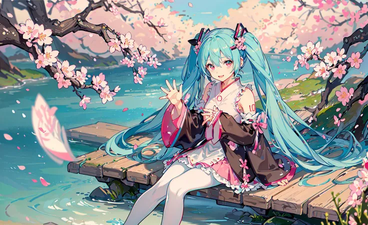 (sakura miku:1.2), solo, 1girl, intricate details, waving, sitting, BREAK (cherry blossoms:1.2), petals, pink theme, pink eyes, pink hair, white skirt, white pantyhose,