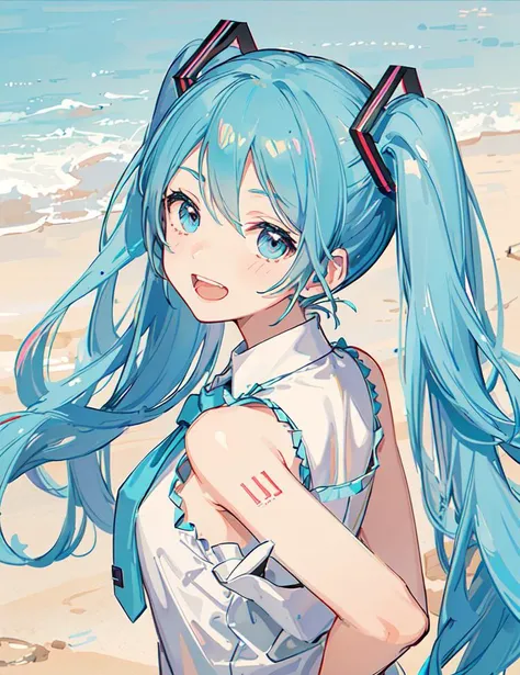 masterpiece, best quality, hatsune miku, 1girl, white shirt, blue necktie, bare shoulders, very detailed background, hands on own cheeks, open mouth, clenched teeth, smile, arms behind back,