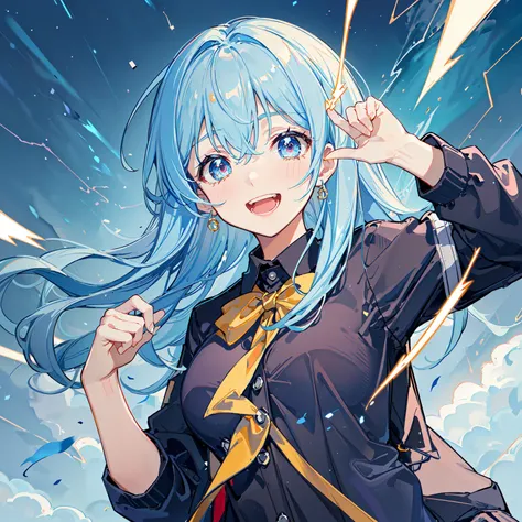 masterpiece, best quality, absurdres, cinematic lighting, (upper body, close up), 1girl, solo, light blue hair, multicolored hair, medium breasts, arm up, black jacket, open jacket, collared shirt, open mouth, laughing, light particles, lightning, electricity, thunder