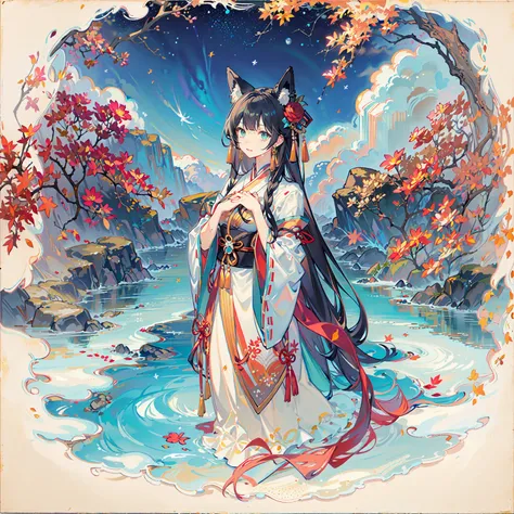 1girl, (fox ears:1.1), shirakami fubuki, looking at viewer, jewelry, ribbon, ribbon-trimmed sleeves, long hair, white, aqua eyes, watercolor (medium), colored pencil (medium), green bow, (blue rose:1.1), earrings, mountain, dusk, autumn leaves, ((autumn)), chinese clothes, clouds, east asian architecture, bird, expressionless, building, red rose, rose, snow, snowflakes, fire, (nagishiro mito:1.2), sky, blue sky, red moon, fox tail, fox mask, red dress, wet, rain, water, white flower, blue flower, yellow flower, shooting star, starry sky, tree, green background, rainbow, blood, house, street, (river:0.8), (ocean:0.8),(waterfall:0.8), hand on own chest, lamppost, lights, (night:1.255), hitodama