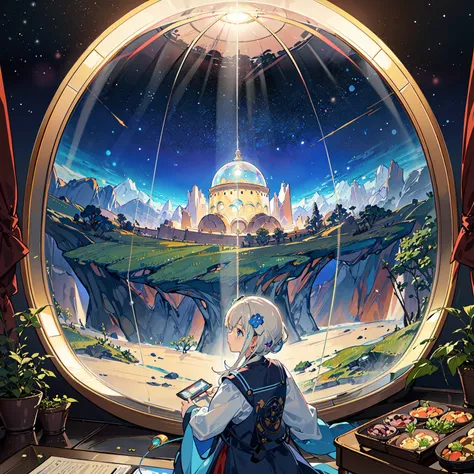 best quality, masterpiece, extremely detailed, detailed background, anime, 1girl, young girl, short girl, sci-fi, indoors, night, artificial ecosystem, utopia, landscape, scenery, panorama, science fiction, solo focus, close up, depth of field, bokeh, atmospheric lighting, megastructure, glass dome, bio-dome