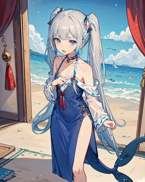 detailed background, masterpiece, best quality, (1girl:1.1), (solo:1.1), gawr gura, grey hair, streaked hair, blue hair, shark teeth, shark girl, blue eyes, two side up, blunt bangs, shark hair ornament, short twintails, flat chest, bedroom, scenery,