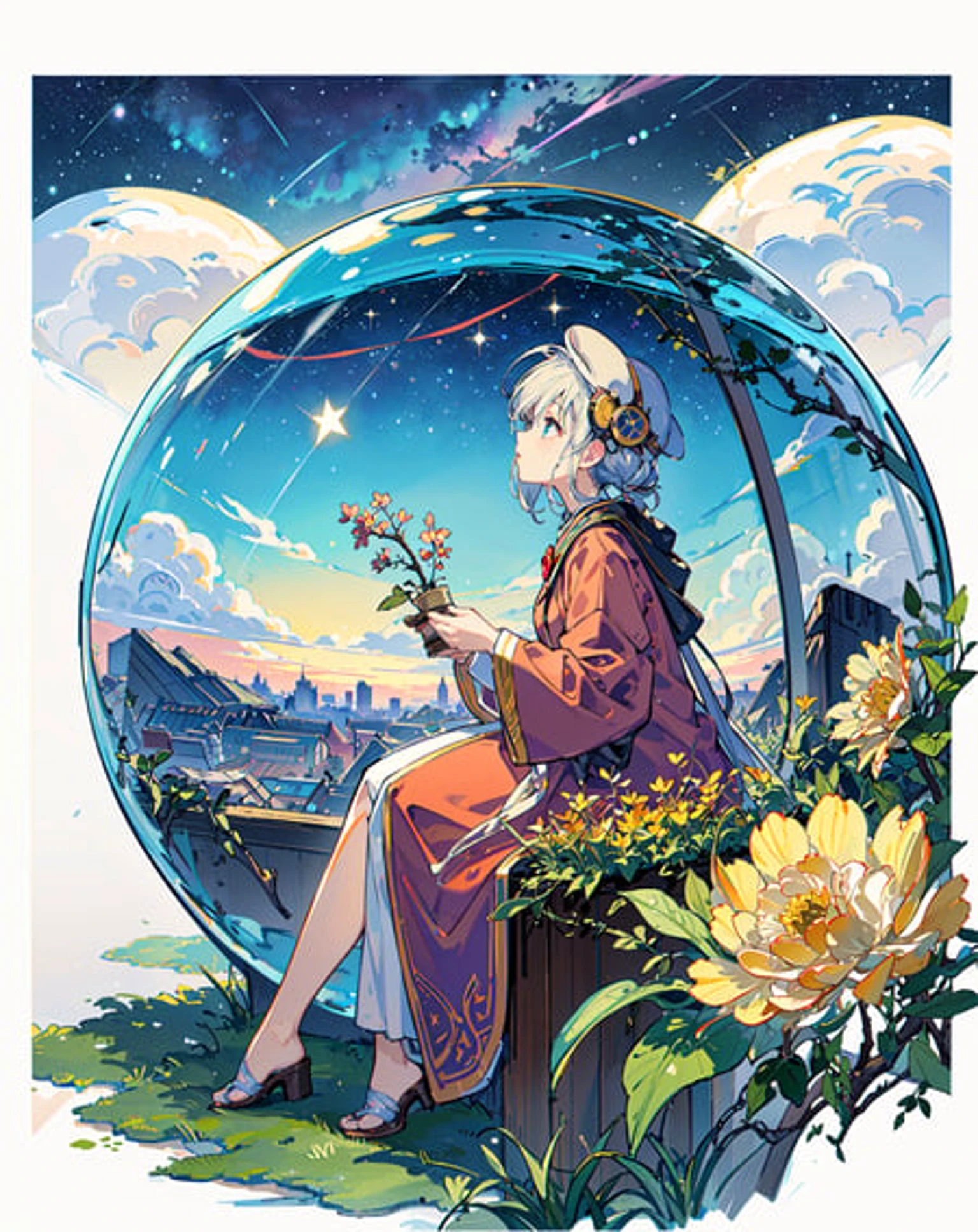 best quality, masterpiece, extremely detailed, detailed background, anime, 1girl, young girl, short girl, sci-fi, science fiction, outdoors, night, starry sky, greenhouse, megastructure, bio-dome, landscape, scenery, horizon, rooftop, sitting on rooftop, wind, looking away, atmospheric lighting, solo focus, close up, from side, depth of field, bokeh