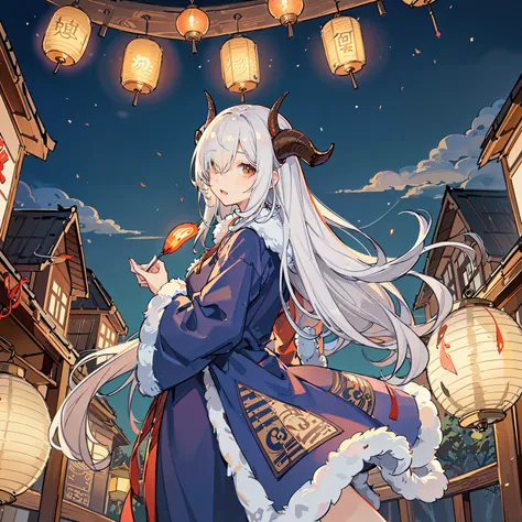 masterpiece, best quality, 1girl, solo, ((fluffy hair)), white hair, very long hair, messy hair, horns, looking at viewer, brown eyes, hair over one eye, fur coat, coat, fur trim, goat horns, medieval cityscape, lanterns, oil lanterns, medieval houses, fantasy