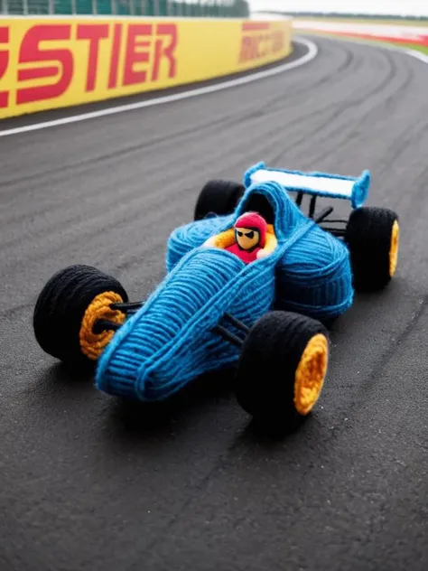 an F1 race car made entirely from yarn, racing on a tarmac race track <lora:Yarn_XL:0.3>