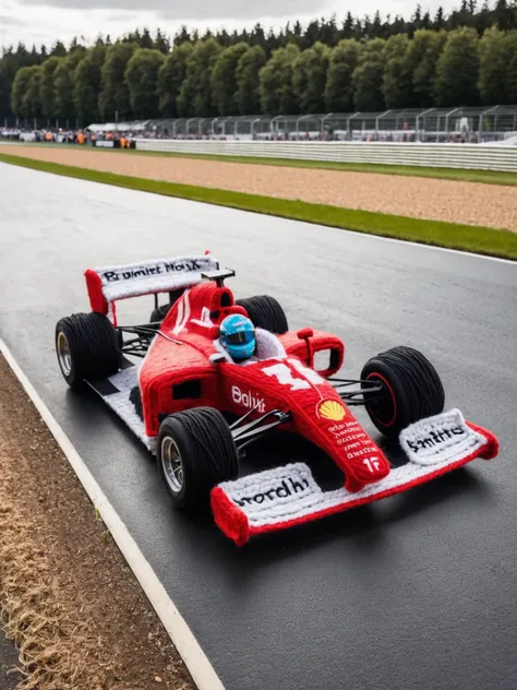 an F1 race car made entirely from yarn, racing on a tarmac race track <lora:Yarn_XL:0.3>