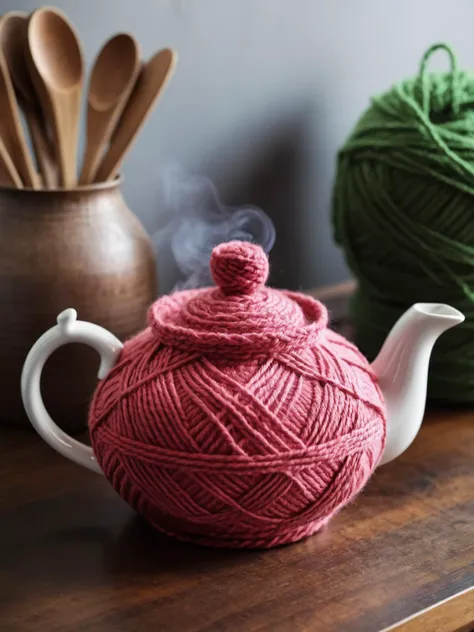 A charming teapot steaming on a kitchen table, crafted from yarn <lora:Yarn_XL:0.3>  <lora:EnvyBetterHiresFixXL01:0:hr=1>