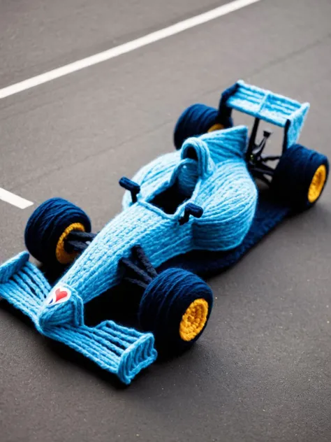 an F1 race car made entirely from yarn, racing on a tarmac race track <lora:Yarn_XL:0.25>