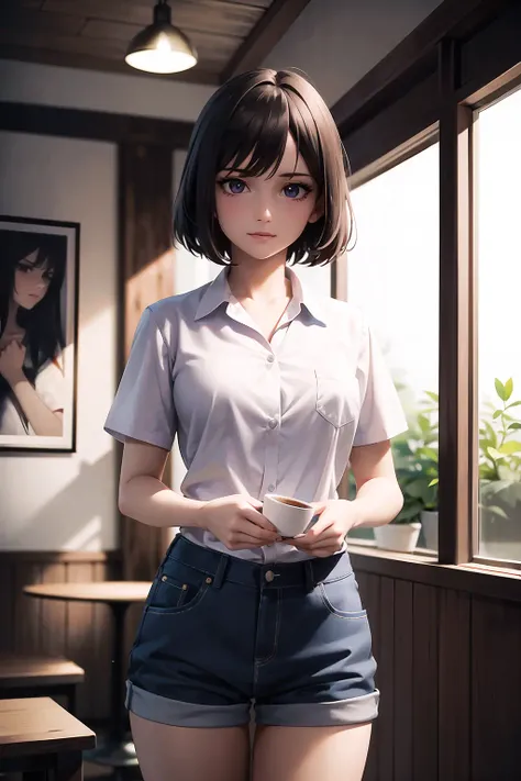 <lora:zlzzlz_chilloutmix_NiPrunedFp16Fix_75i_29p:0.7> embarassed blushing zlzzlz, standing pose,best quality, masterpiece, illustration, an extremely delicate and beautiful, extremely detailed ,CG ,unity ,8k wallpaper, Amazing, finely detail, masterpiece,best quality,official art, extremely detailed CG unity 8k wallpaper, absurdres, incredibly absurdres, huge filesize, ultra-detailed, highres, extremely detailed, beautiful detailed girl,((detailed face,perfect face)), (extremely detailed eyes),((looking at viewer)),(real person,photograph),cute,1girl,19 yo,(bob cut hair), makeup,(light blue shinny contact lens), (light pink eye shadow),(haunting smile),(moist lips),small breasts,narrow waist,(slim),(white_skin),blush, shy,outdoor,  bright light, overexposed, simple clean blurred background,  waist up, bust up, upper body:1.3, half body:1.4, in a pub, coffee table, wine, wine bottles, snacks, carpet, floor mat, indoor plants, music player, gramophone, jukebox, plants, chairs, bar stools, paintings, barista outfit, uniform, barista uniform, tie, suit, upper body:1.7,
fullbody_photoshoot:0.7, solo girl turns her head to the side, staring at camera,masterpiece, best quality, ultra highres, 8k, RAW photo, (soft focus:1.4),photo realistic,realcumAI ,film grain, (lens distortion:0.7), (chromatic aberration:0.7), intricate,cinematic lighting,cinematic,depth of field, perfect, hyper-detailed, ultra realistic, intricate details, tonemapping,hyper detailed, a character portrait by senior character artist, trending on Artstation,(moody lighting:1.5), (detailed face:1.2), (kawaii:1.2), beautiful face, (((skin imperfections))),
purple 
smart
Shorts, 
red 
fashionable
Handbag,  pureerosface_v1:0.01,