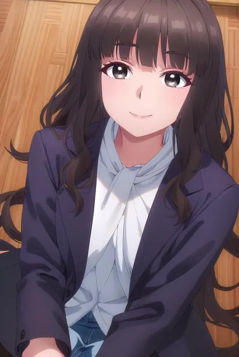 shihokofujimiya, <lora:shihoko fujimiya s1-lora-nochekaiser:1>,
shihoko fujimiya, long hair, bangs, black hair, (brown eyes:1.5), blunt bangs, wavy hair, smile,
BREAK shirt, jacket, white shirt, coat, brown jacket,
BREAK indoors,
BREAK looking at viewer, (cowboy shot:1.5),
BREAK <lyco:GoodHands-beta2:1>, (masterpiece:1.2), best quality, high resolution, unity 8k wallpaper, (illustration:0.8), (beautiful detailed eyes:1.6), extremely detailed face, perfect lighting, extremely detailed CG, (perfect hands, perfect anatomy),