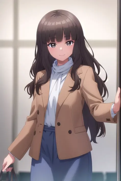 shihokofujimiya, <lora:shihoko fujimiya s1-lora-nochekaiser:1>,
shihoko fujimiya, long hair, bangs, black hair, (brown eyes:1.5), blunt bangs, wavy hair, smile,
BREAK shirt, jacket, white shirt, coat, brown jacket,
BREAK indoors,
BREAK looking at viewer, (cowboy shot:1.5),
BREAK <lyco:GoodHands-beta2:1>, (masterpiece:1.2), best quality, high resolution, unity 8k wallpaper, (illustration:0.8), (beautiful detailed eyes:1.6), extremely detailed face, perfect lighting, extremely detailed CG, (perfect hands, perfect anatomy),