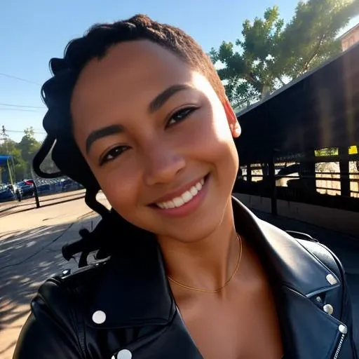 masterpiece photograpy, upper body photo of gorgeous black woman nora_ant, smiling, skinny face, big smile on face, standing,  looking in camera, showing neckline,  leather jacket opened at center, ((intricate black skin pores)), strong side light, soft back light, high contrast, hard focus, intricate iris details, sharp focus on eyes, cinematic lighting, (perfect iris), natural sunlight in front of her