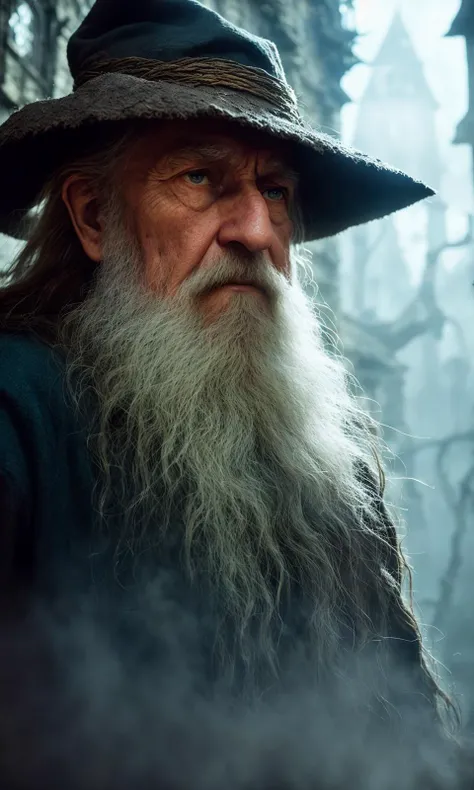 abstract colors, texture, film grain, skin pores:0.1 hasselblad dslr RAW photo, backlit intricate dramatic portrait of an old bearded wizard casting a spell, standing on medieval fantasy city (cobblestone street)1.2, foggy morning, shannara chronicles lotr gandalf hobbit willow concept art anna dittmann magali villeneuve marc simonetti, cinematic still frame, (analog style)1.3 (film grain)1.3