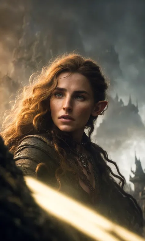 abstract colors, texture, film grain, skin pores:0.1 hasselblad dslr RAW photo, backlit intricate dramatic portrait of an elven elf rogue thief with wild curls holding longbow wearing black leather armor, standing on medieval fantasy city (cobblestone street)1.2, selfie, foggy morning, shannara chronicles lotr hobbit willow concept art anna dittmann, magali villeneuve, marc simonetti, cinematic still frame, (analog style)1.3 (film grain)1.3