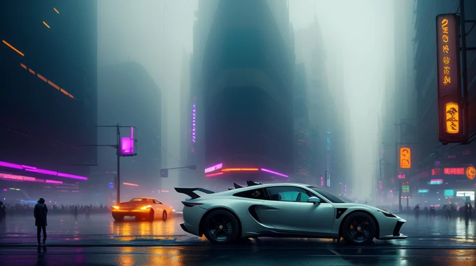 abstract colors, texture, film grain:0.1 intricate close up dramatic portrait of a (cyberpunk)1.2 car standing on a rainy bustling cyberpunk city street, ultra realistic texture, foggy morning, cinematic still frame, blade runner 2049, altered carbon, (analog style)1.3 (film grain)1.3, stephan martiniere Wadim Kashin Simon Stalenhag michal karcz ismail inceoglu