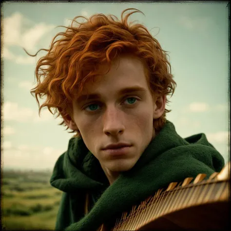 abstract colors, texture, film grain, skin pores:0.1 intricate dramatic portrait of a young kvothe wearing a green tattered cloak, (playing his lute)1.3 on a (windy)1.3 hill overlooking a fantasy city, wild red hair, green eyes, cinematic still frame, (analog style)1.3 (film grain)1.3