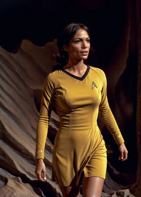 photo of r0sd4wn-1325 in a yellow and black tosunfm uniform wrap dress,a woman,in a cave,star trek badge,RAW Photo, 8k uhd, dslr, soft lighting, high quality, film grain, higly detailed face,ultra detailed,masterpiece quality,Fujifilm XT3 <lora:TOSUITV11:0.8>