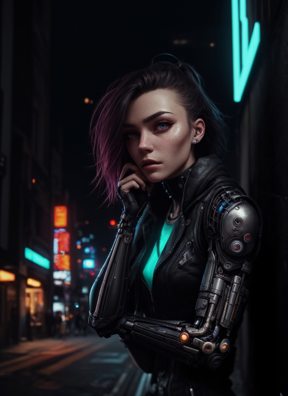 A woman in a black leather jacket standing on a city street - SeaArt AI