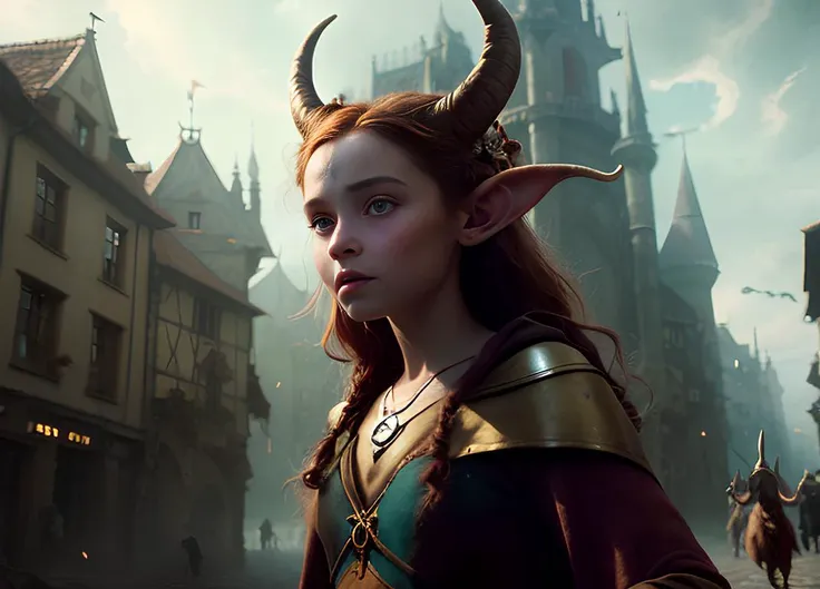 abstract colors, texture, film grain, (skin pores:0.1) hasselblad, dslr RAW photo, backlit, intricate dramatic portrait of cute young Tiefling faun demon sorceress with curled horns (hooves:1.2) standing on medieval fantasy city (cobblestone street:1.2), critical role jester, selfie, freckles, wearing dress, foggy morning, Shannara chronicles, hobbit willow concept art, anna Dittmann, Magali Villeneuve, marc Simonetti, cinematic movie still frame, (analog style:1.3) (film grain:1.3)
