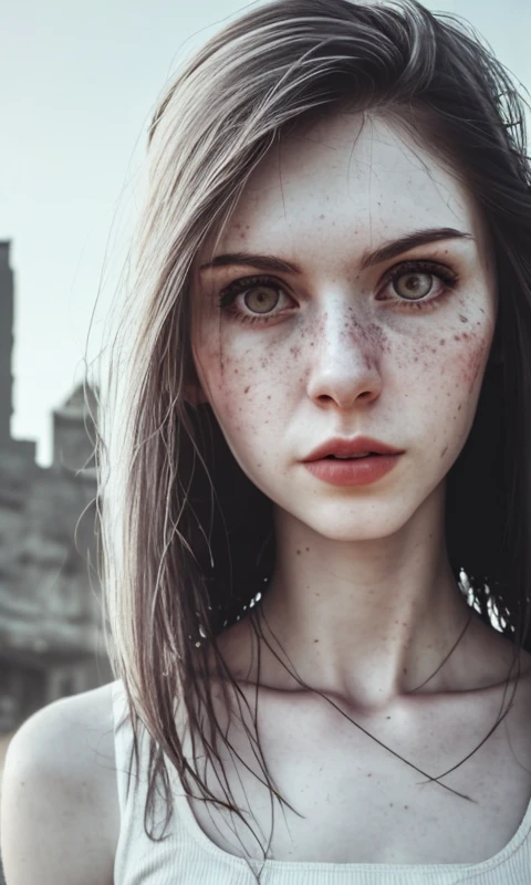 RAW photo, a close up portrait photo of 26 y.o woman in wastelander clothes, long haircut, pale skin, slim body, background is city ruins, (high detailed skin:1.2), 8k uhd, dslr, soft lighting, high quality, film grain, Fujifilm XT3