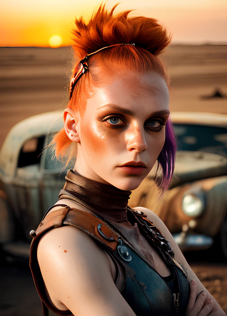 abstract colors, texture, film grain, skin pores, dust, rust, (scratches:0.1) intricate RAW full-body dramatic portrait photo of solarpunk goth chick wearing old tattered leather armor long boots, gritty post-apocalyptic barbarian raider (standing:1.2) in dusty post-apocalyptic wasteland junkyard, 1girl, punk pompadour hair, warpaint, (freckles:1.2), analog style (eye contact1.2) selfie, (sunset storm backlit:1.2), (film grain1.3), mad max fury road