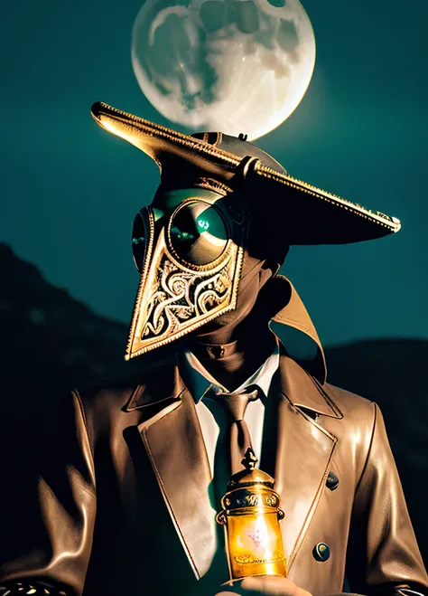 abstract colors, texture, film grain, (skin pores:0.1) slender steampunk fantasy (plague doctor:1.2) wearing (ornate black leather elongated plague mask:1.3) trench coat, wide brim hat, holding magical (square glowing flask:1.2) surrounded by (flaming magical runes:1.2), mystical portal in (black void:1.2), surrounded by eerie light dark wasteland with rocky spires in the background, intricate Hasselblad dslr (RAW photo:1.3), dramatic portrait, (analog style:1.3) (selfie:1.2), (backlit by giant moon:1.2), (film grain:1.3)