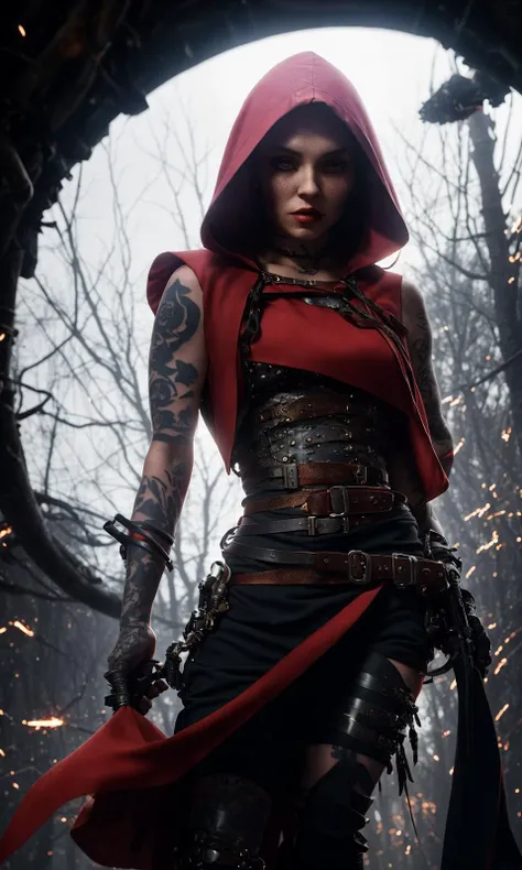 abstract colors, texture, film grain, skin pores, dusty atmospheric haze:0.1 samdoesart+, intricate hasselblad dslr RAW full-body dramatic portrait photo of (Little Red Riding Hood as a badass cyborg ninja assassin)1.2, long red cloak, (tattooed)1.3 goth, petite hourglass figure, (freckles)1, gritty epic industrial steampunk gun machete bandolier leather, steel wool fire (sparks)1.3, analog style eye contact nofilter selfie, (backlit)1.3 (neon lights).7, (film grain)1.3, dark foggy woods