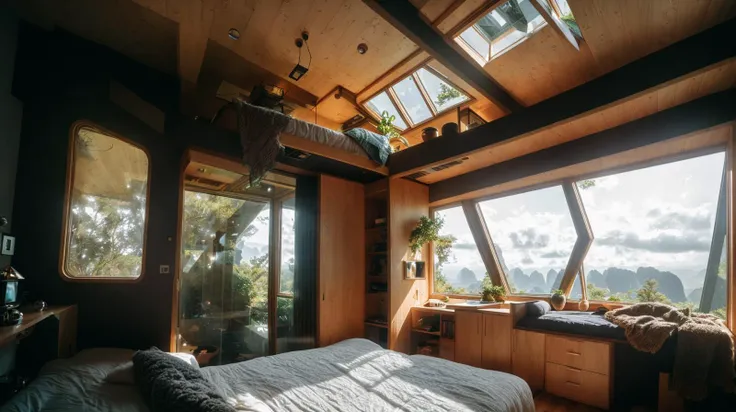 abstract colors, texture, film grain, skin pores:0.1 intricate dramatic real estate photo of a (cozy futuristic solarpunk bedroom interior)1.3 in a beautiful (windblown)1.2 futuristic solarpunk scifi (brutalist ultra-modern architecture technocrat tiny house)1.2 on a rocky coastal hillside, (bonsai trees)1.2, foggy morning, cinematic movie still frame, (analog style)1.3 (film grain)1.3