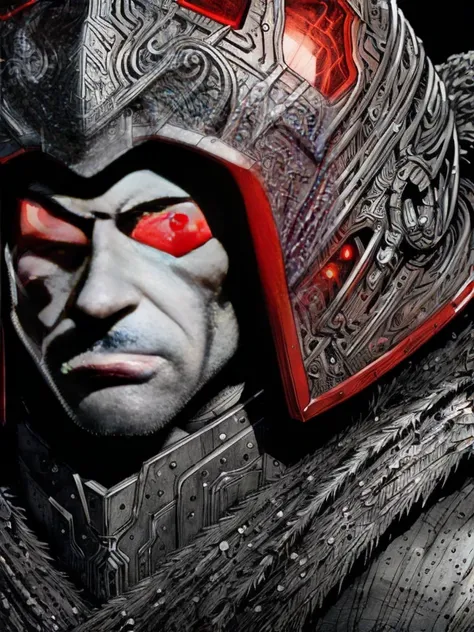 An award-winning, masterpiece, insanely detailed (portrait:1.3), (((cinematic))), (((closeup:1.3))), ((sharp red (glowing) eyes)), pen and ink and aquarel drawing of rogue ((male)) Vuzz, unshaven, elaborate helmet, intricate environment, post-apocalyptic, by Philippe Druillet and Moebius, trending on deviantart