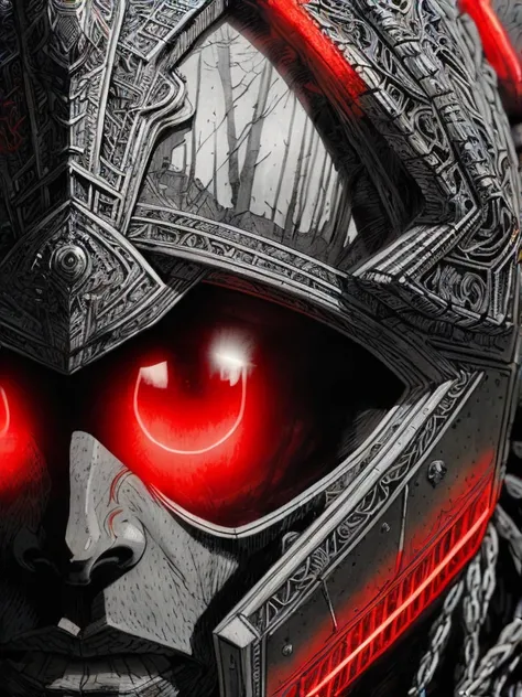 An award-winning, masterpiece, insanely detailed (portrait:1.3), (((cinematic))), (((closeup:1.3))), ((sharp red (glowing) eyes)), pen and ink and aquarel drawing of rogue ((male)) Vuzz, unshaven, elaborate helmet, intricate environment, post-apocalyptic, by Philippe Druillet and Moebius, trending on deviantart