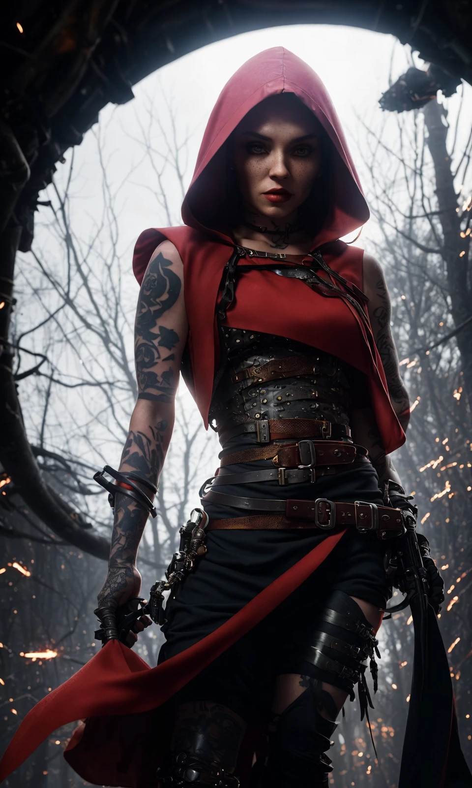 abstract colors, texture, film grain, skin pores, dusty atmospheric haze:0.1 samdoesart+, intricate hasselblad dslr RAW full-body dramatic portrait photo of (Little Red Riding Hood as a badass cyborg ninja assassin)1.2, long red cloak, (tattooed)1.3 goth, petite hourglass figure, (freckles)1, gritty epic industrial steampunk gun machete bandolier leather, steel wool fire (sparks)1.3, analog style eye contact nofilter selfie, (backlit)1.3 (neon lights).7, (film grain)1.3, dark foggy woods