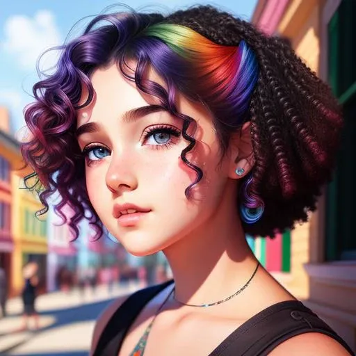 marvelous illustration, 1 girl, 14yo, ruby eyes, rainbow hair, square face, natural eyebrows, ringlet curls hair style, highly detailed background, masterpiece, ultra quality, extremely detailed, 8k