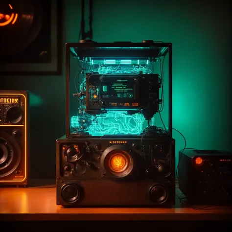 abstract colors, texture, film grain, skin pores, dusty atmospheric haze, vignetting:0.2 intricate cinematic movie still frame of a (1950s retrofuturism)1.1 portable computer teletype terminal, hifi stereo, ultrawide gaming monitor, (analog style)1.3 (film grain)1.3, gritty scifi, vacuum tubes, hasselblad RAW photo, atompunk, nixie tube (vacuum fluorescent display)1.3 holography, eurorack synthesizer, time machine, soviet surplus gaming laptop, ornate circuitry