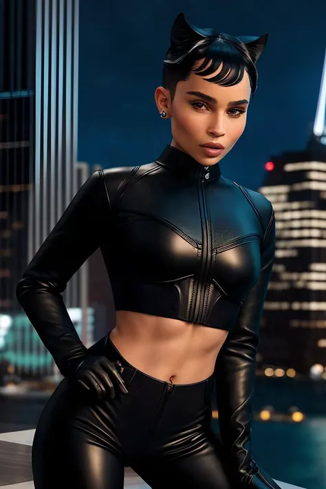 a photo of Z0eKrav1tz, a woman, RAW, ((close portrait photo)), (close up shot), (black tight leather full suit), catwoman cosplay, ((short haircut)), black hair, slim body, (high detailed skin:1.2), 8k uhd, dslr, dark lighting, high quality, film grain, Fujifilm XT3 sharp focus, f 5.6, skyscrapers background, night, stands on the roof <lora:LowRa:0.7>