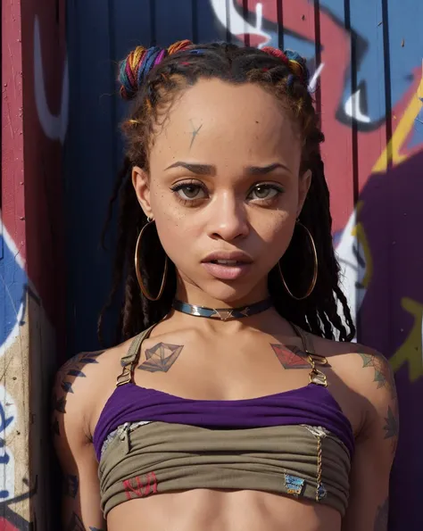 abstract colors, texture, film grain, skin pores, dusty atmospheric haze, vignetting, wrinkles:0.2 foreshortening, intricate cinematic movie still frame of HollyHendrix
"Rebel Spirit": the fierce rebel, exudes an aura of untamed independence. (wearing edg90hh_clothing:1.3), she stands against a backdrop of graffiti-covered walls. Her smoldering gaze challenges convention, daring anyone to try and tame her wild spirit.