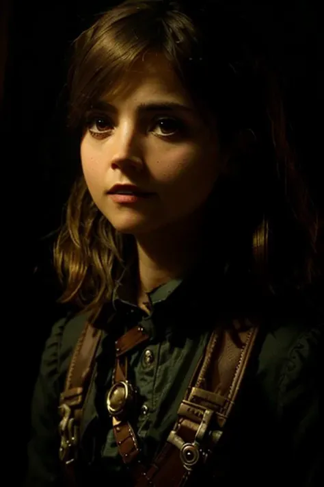 jenna coleman <lora:Jenna Coleman:0.9> as an intrepid steampunk explorer wandering an abandoned victorian city looking for artifacts, movie still, cinematic, sharp focus