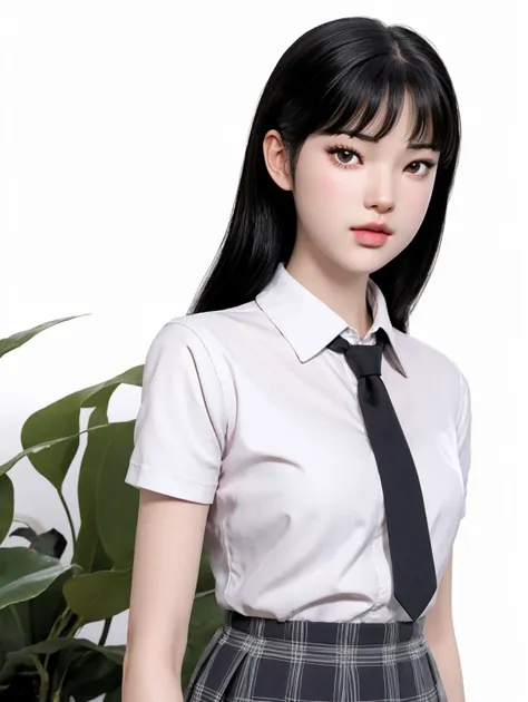 1girl, <lora:fujiang_v1:.65:.65:lbw=MIDD>,black hair,looking at viewer,long hair,,white background,standing,blush, (upper body:1.2), school uniform, bangs,