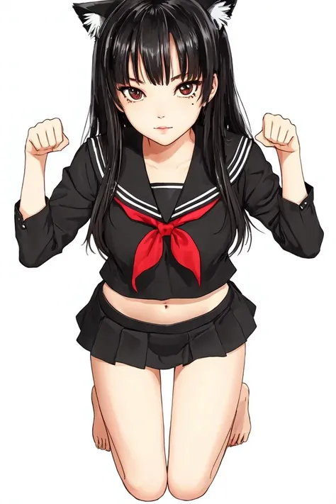 A tall, 17 year old Japanese girl with smooth, tanned skin, red pupils and long, black hair that turns pink near the ends. She has pretty, elegantly defiant and delightfully delinquent-like features. She's posing as if she's a model taking a picture with her hips cocked to the side and her tongue sticking out while facing the camera. She's wearing a sailor uniform with a an overly short blouse that shows her stomach. Her short, black pleated skirt hangs low, showing the straps of her black thong and also shows the top of her thighs, which have a mild gap, and also a small portion of her panties.