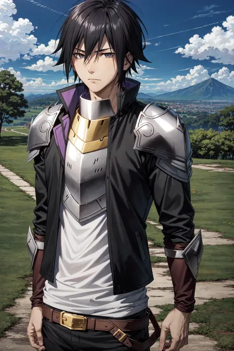 ryuuguuin seiya\(shinchou yuusha\), solo, 1boy, looking at viewer, male focus, black hair, hair between eyes, short hair, bangs, upper body, long sleeves, jacket, shoulder armor, t-shirt, purple, scenery, fantasy, field, outdoors, breastplate, sky, day, cloud