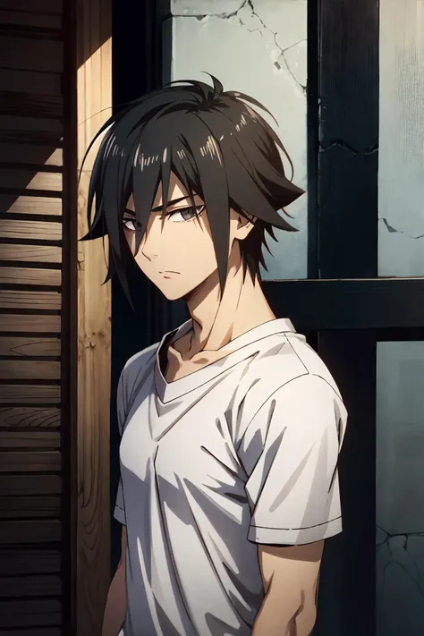 ryuuguuin seiya\(shinchou yuusha\), solo, 1boy, looking at viewer, male focus, black hair, grey eyes, hair between eyes, short hair, bangs, upper body, t-shirt